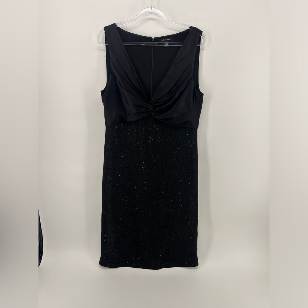 St John Sheath Dress Women's 10 Black Lined Midi Knit And Silk Evening Sparkle